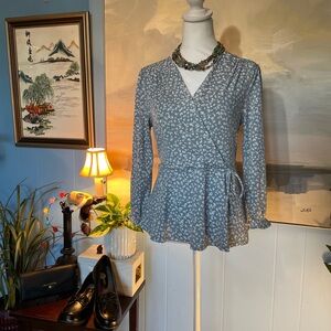 Elegant Floral Wrap Blouse - Blue